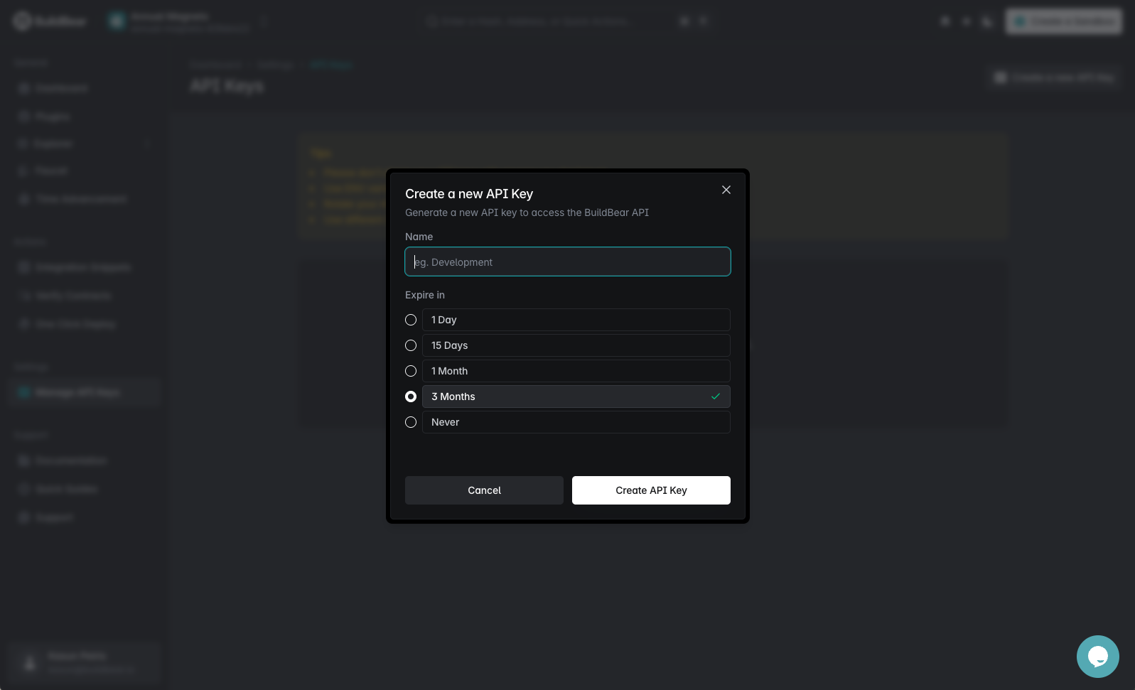 Create API Key — Dashboard